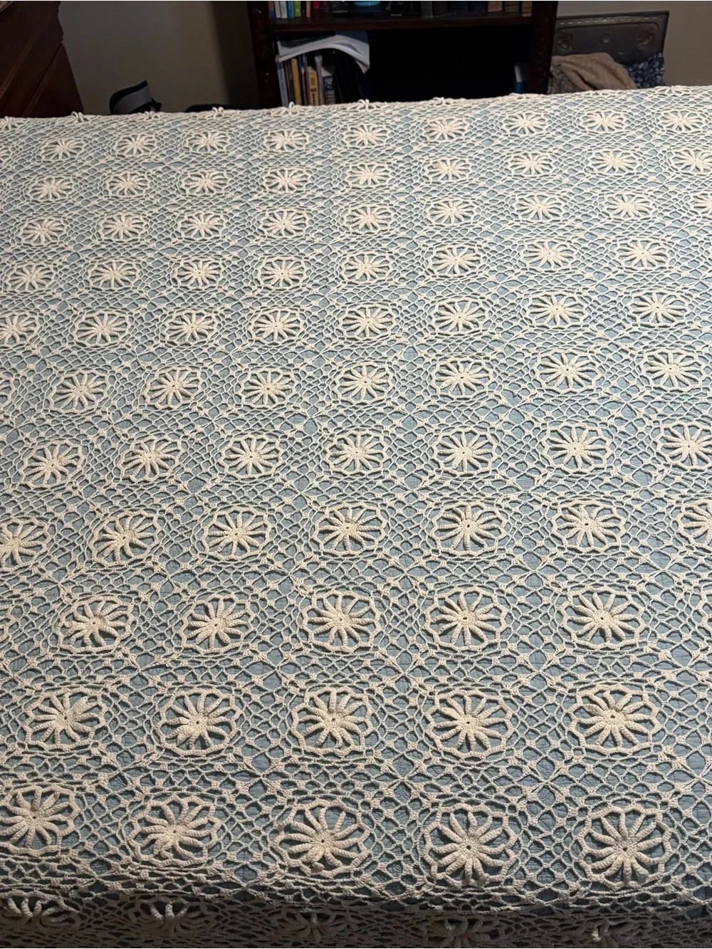 Handmade Crochet Bedspread in Cream and Light Blue